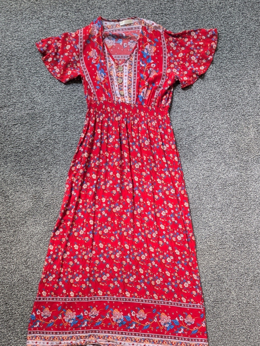 Red Floral Maxi Dress with V-Neck and Smocked Waist